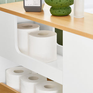 SoBuy Mobiletto Bagno Salvaspazio con Ruote Colonna Stretto 3 Ripiani con Uscita Carta, Scomparto Porta Scopino Armadietto Lavanderia per WC Bianco Legno 60x20x71cm BZR190-WN