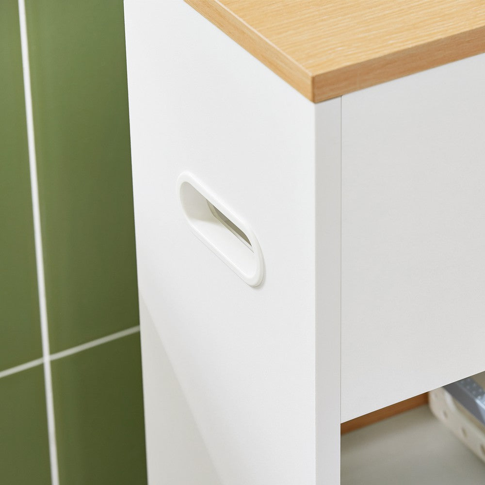 SoBuy Mobiletto Bagno Salvaspazio con Ruote Colonna Stretto 3 Ripiani con Uscita Carta, Scomparto Porta Scopino Armadietto Lavanderia per WC Bianco Legno 60x20x71cm BZR190-WN