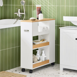 SoBuy Mobiletto Bagno Salvaspazio con Ruote Colonna Stretto 3 Ripiani con Uscita Carta, Scomparto Porta Scopino Armadietto Lavanderia per WC Bianco Legno 60x20x71cm BZR190-WN