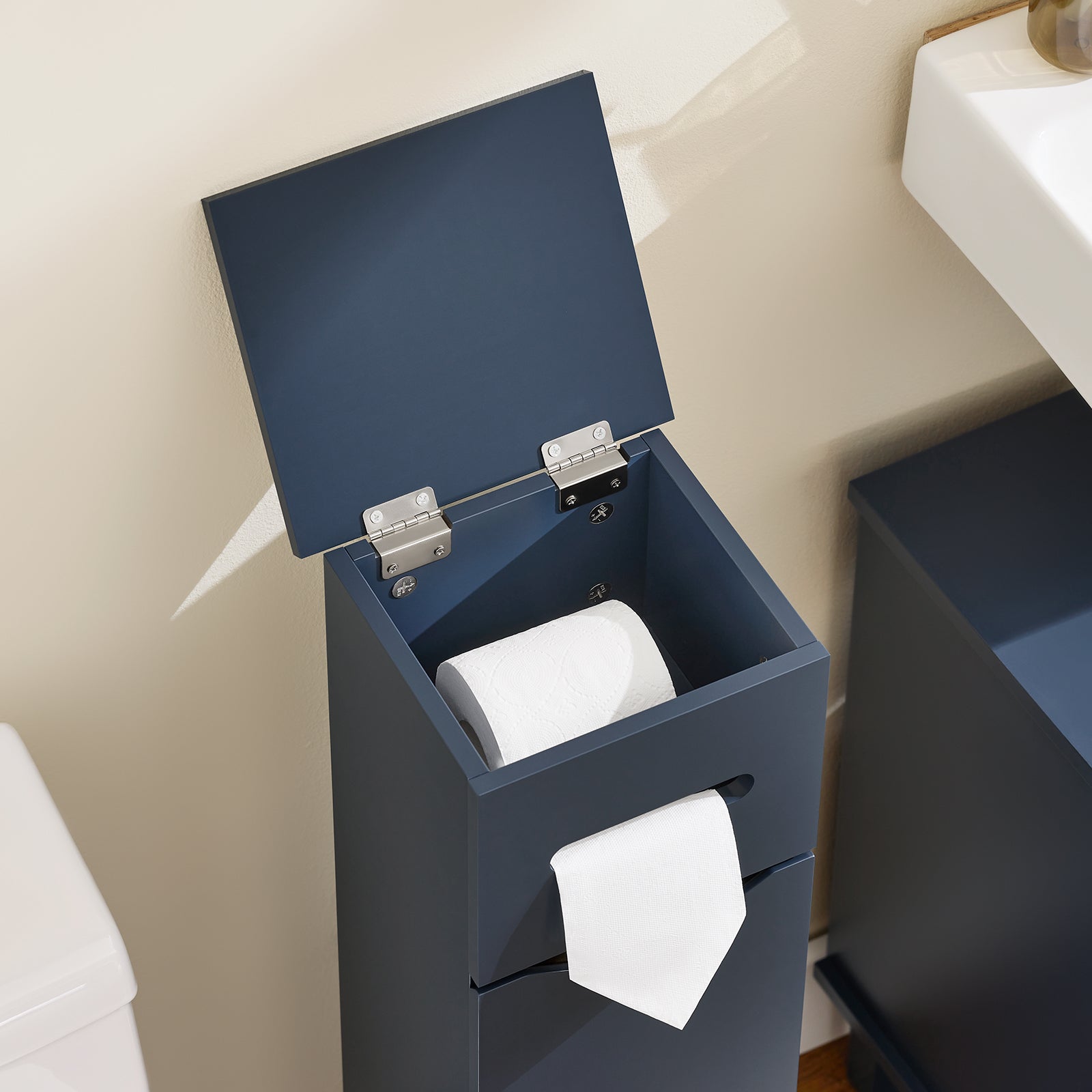 SoBuy Portarotolo WC autoportante Mobiletto bagno Porta carta igienica Scaffale bagno Armadietto laterale Mobile da bagno Blu 22x20x81 cm BZR192-B