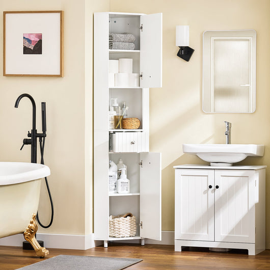 SoBuy Armadio alto con 2 ante, Mobile bagno con ripiani aperti, Colonna bagno Bianco, 44x31x171 cm BZR193-W