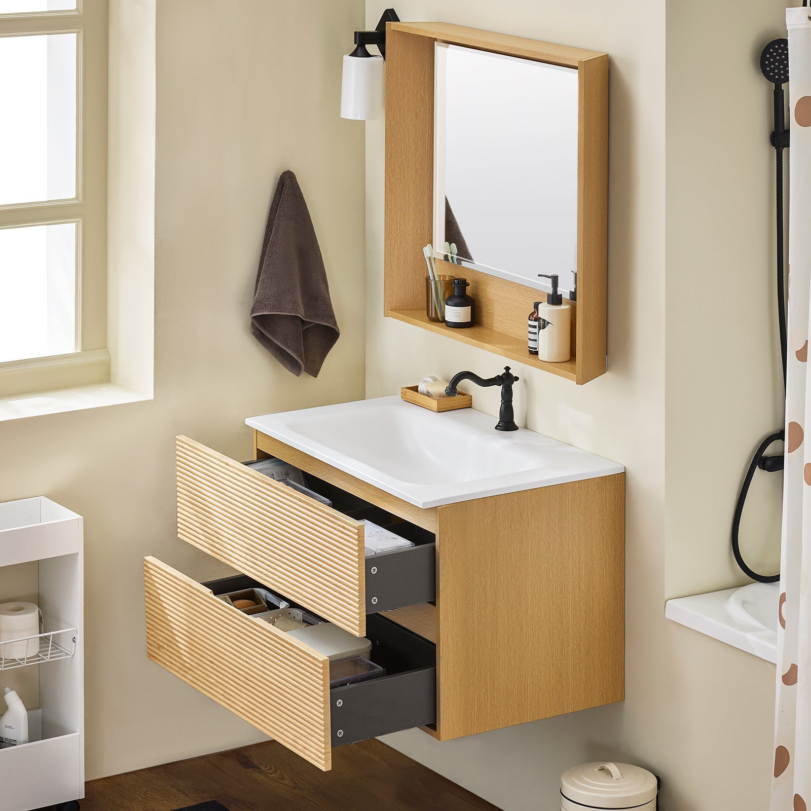 SoBuy Set arredo da bagno Specchio a parete+ Mobile lavabo Naturale BZR198-N