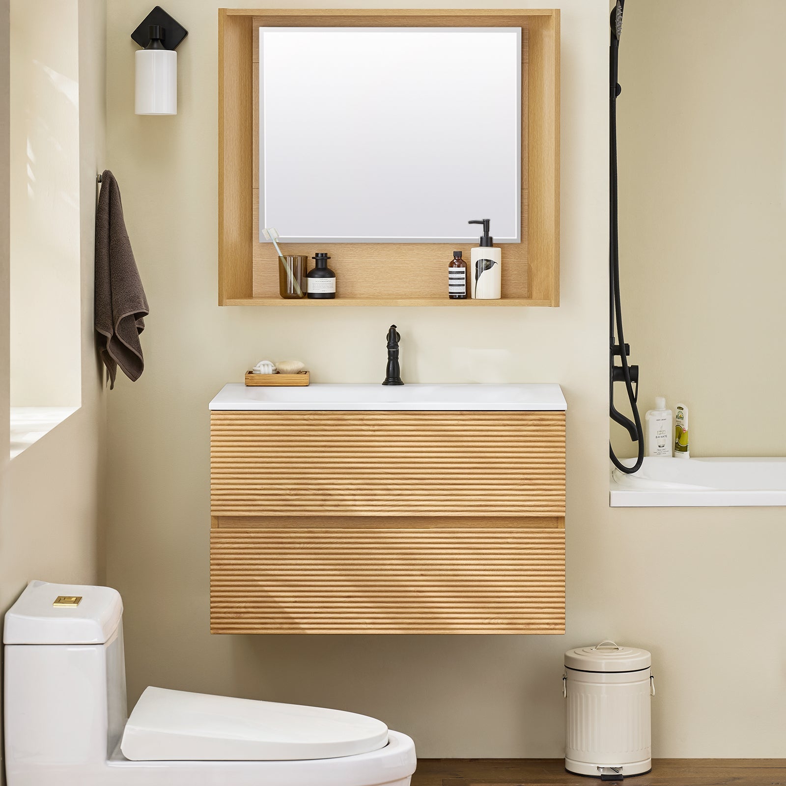 SoBuy Set arredo da bagno Specchio a parete+ Mobile lavabo Naturale BZR198-N