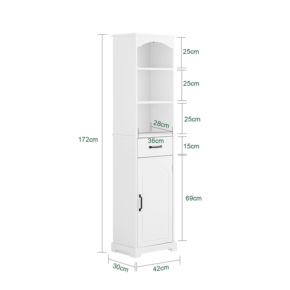 SoBuy Mobiletto Bagno alto 42 cm di larghezza – Armadietto Salvaspazio con Cassetto e Ripiani Regolabili – Colonna Bagno in Legno Bianca Moderna, Resistente all’Umidità, 42x30x173cm, BZR206-W