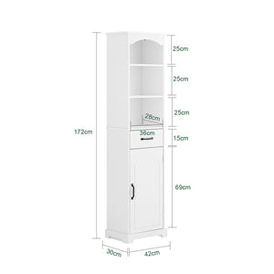 SoBuy Mobiletto Bagno alto 42 cm di larghezza – Armadietto Salvaspazio con Cassetto e Ripiani Regolabili – Colonna Bagno in Legno Bianca Moderna, Resistente all’Umidità, 42x30x173cm, BZR206-W