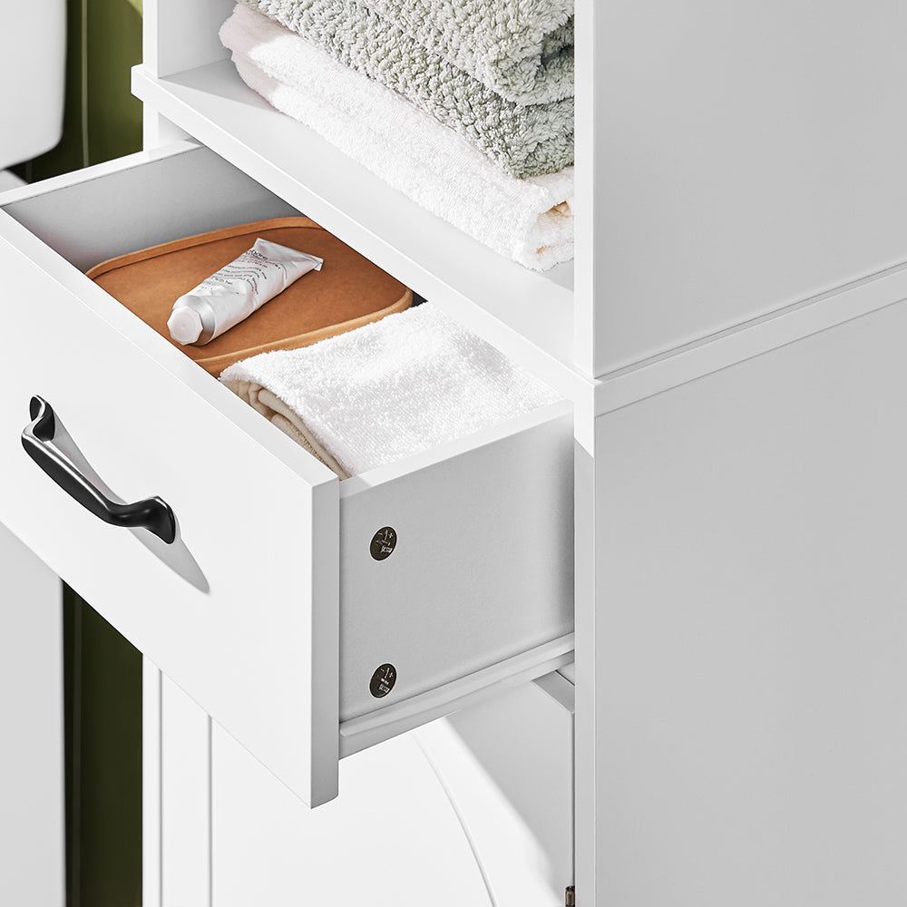 SoBuy Mobiletto Bagno alto 42 cm di larghezza – Armadietto Salvaspazio con Cassetto e Ripiani Regolabili – Colonna Bagno in Legno Bianca Moderna, Resistente all’Umidità, 42x30x173cm, BZR206-W