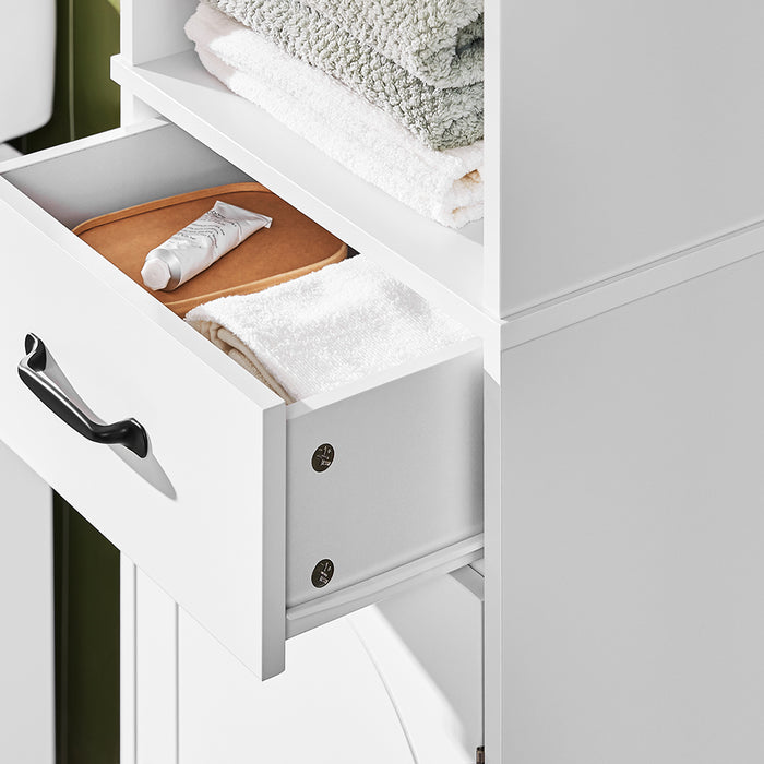 SoBuy Mobiletto Bagno alto 42 cm di larghezza – Armadietto Salvaspazio con Cassetto e Ripiani Regolabili – Colonna Bagno in Legno Bianca Moderna, Resistente all’Umidità, 42x30x173cm, BZR206-W