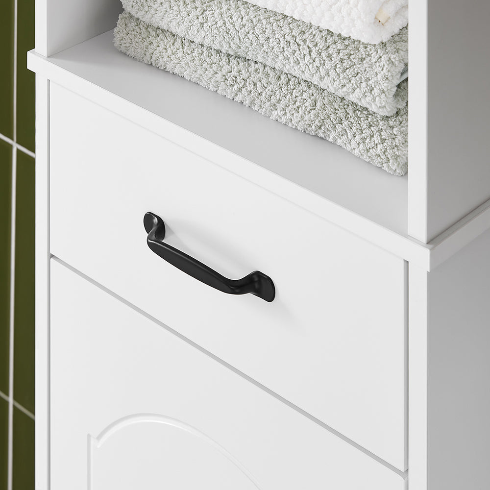 SoBuy Mobiletto Bagno alto 42 cm di larghezza – Armadietto Salvaspazio con Cassetto e Ripiani Regolabili – Colonna Bagno in Legno Bianca Moderna, Resistente all’Umidità, 42x30x173cm, BZR206-W