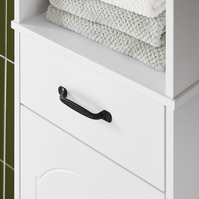 SoBuy Mobiletto Bagno alto 42 cm di larghezza – Armadietto Salvaspazio con Cassetto e Ripiani Regolabili – Colonna Bagno in Legno Bianca Moderna, Resistente all’Umidità, 42x30x173cm, BZR206-W