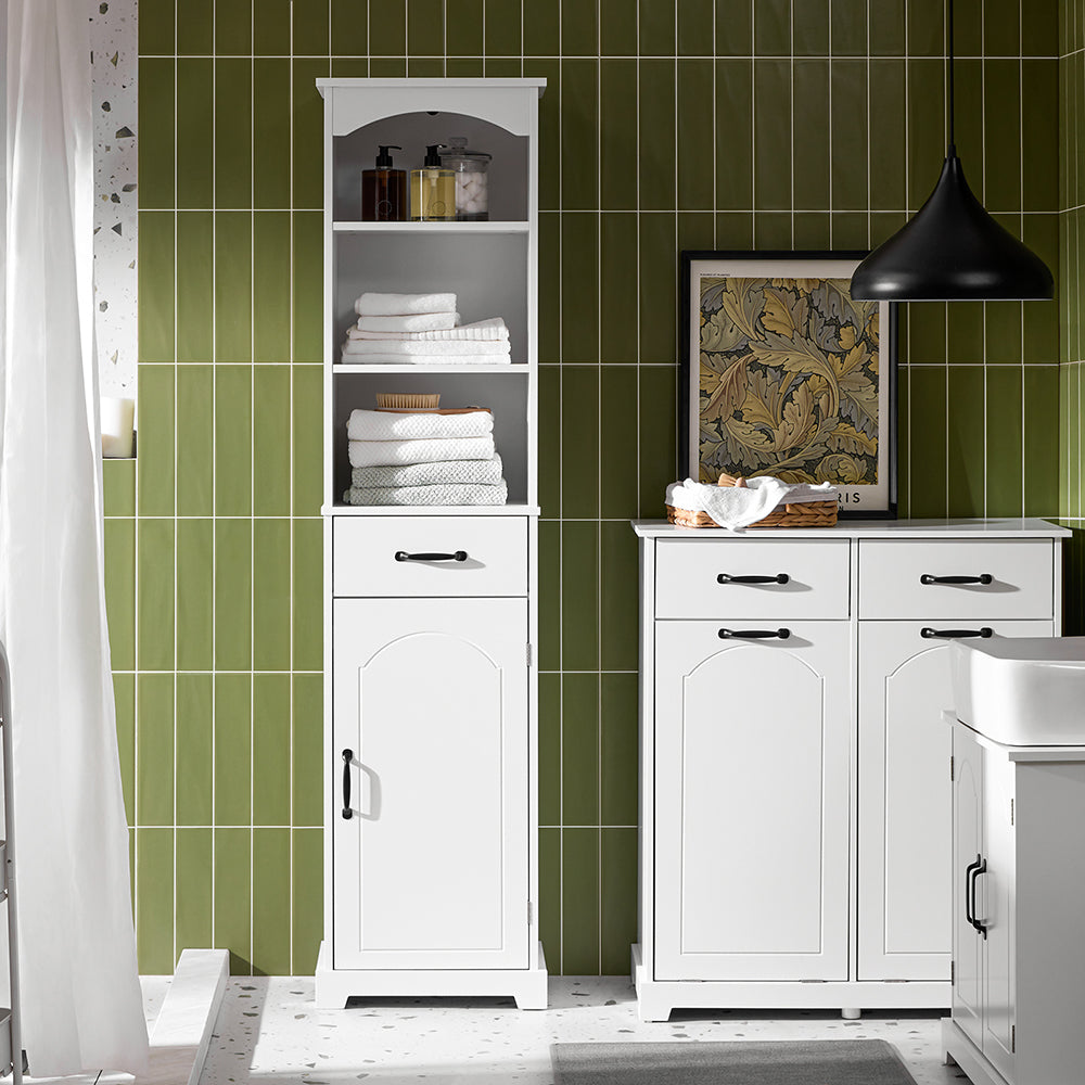 SoBuy Mobiletto Bagno alto 42 cm di larghezza – Armadietto Salvaspazio con Cassetto e Ripiani Regolabili – Colonna Bagno in Legno Bianca Moderna, Resistente all’Umidità, 42x30x173cm, BZR206-W