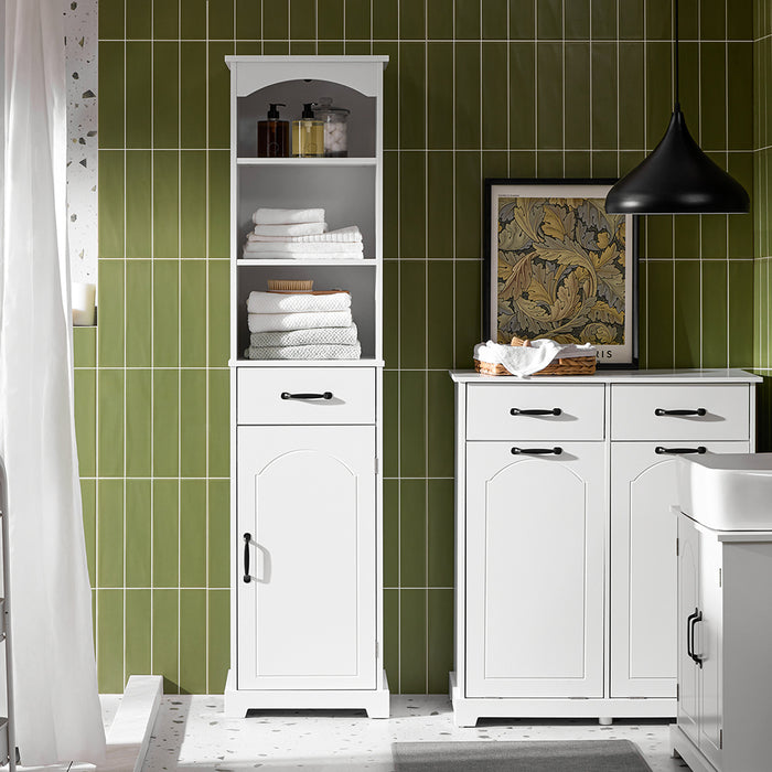 SoBuy Mobiletto Bagno alto 42 cm di larghezza – Armadietto Salvaspazio con Cassetto e Ripiani Regolabili – Colonna Bagno in Legno Bianca Moderna, Resistente all’Umidità, 42x30x173cm, BZR206-W