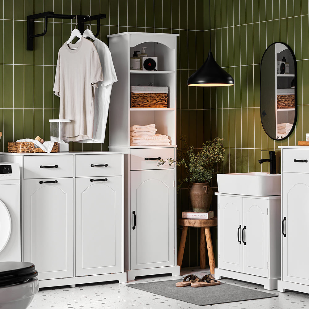 SoBuy Mobiletto Bagno Salvaspazio con 2 Ceste Porta Biancheria e Cassetti – Mobile Bianco Stretto in Legno per Bagno o Lavanderia, 79,5x38x90cm, BZR208-W