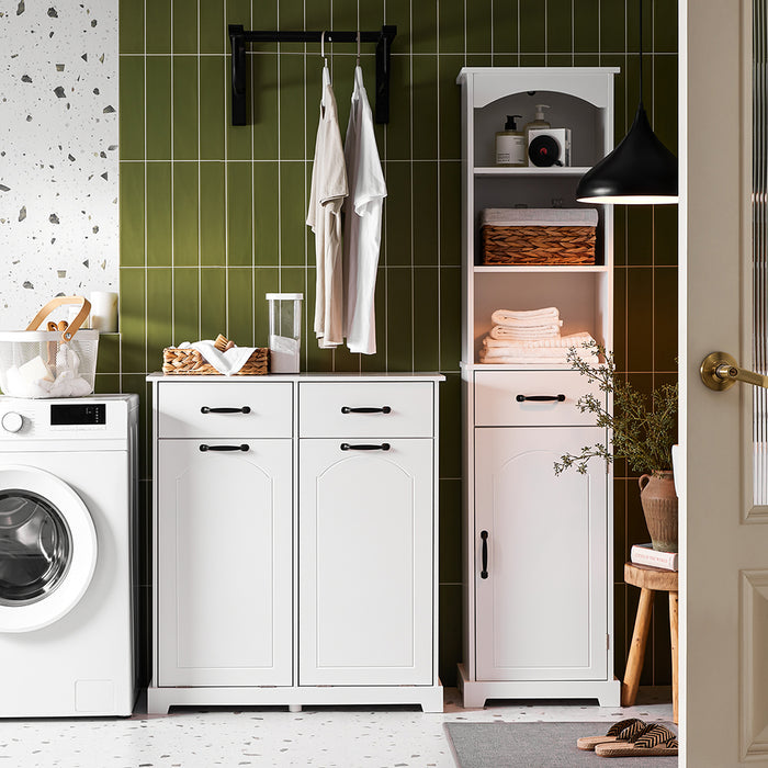 SoBuy Mobiletto Bagno Salvaspazio con 2 Ceste Porta Biancheria e Cassetti – Mobile Bianco Stretto in Legno per Bagno o Lavanderia, 79,5x38x90cm, BZR208-W