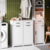 SoBuy Mobiletto Bagno Salvaspazio con 2 Ceste Porta Biancheria e Cassetti – Mobile Bianco Stretto in Legno per Bagno o Lavanderia, 79,5x38x90cm, BZR208-W