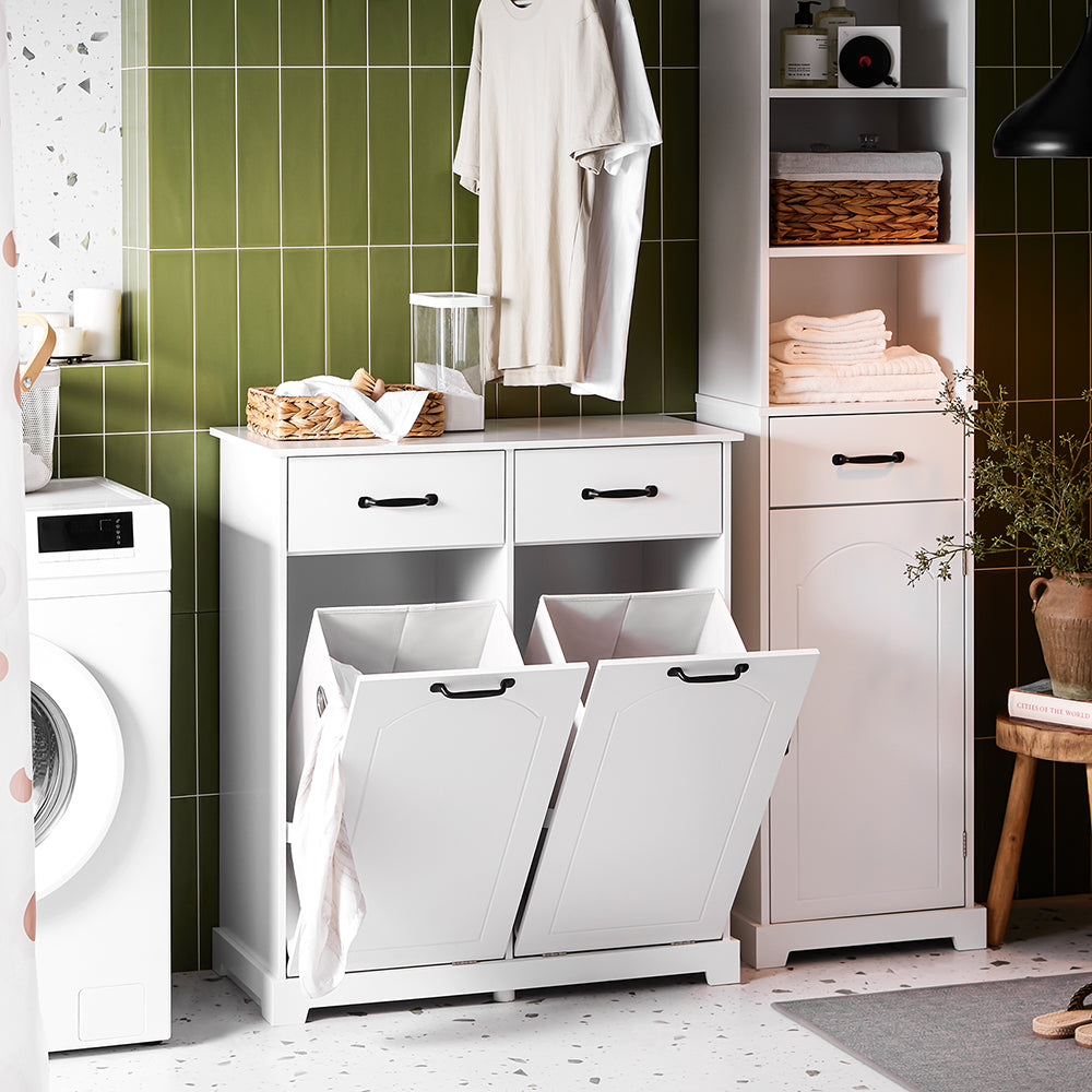 SoBuy Mobiletto Bagno Salvaspazio con 2 Ceste Porta Biancheria e Cassetti – Mobile Bianco Stretto in Legno per Bagno o Lavanderia, 79,5x38x90cm, BZR208-W