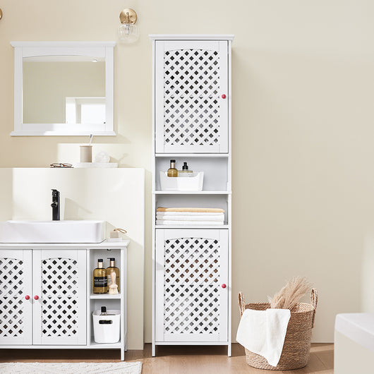 SoBuy Mobile Alto Bagno Salvaspazio con 2 Ante e Ripiani Aperti Colonna Bagno Stretta in MDF E1, Capacità 60kg Armadietto Bagno 45x41,5x170cm BZR209-W