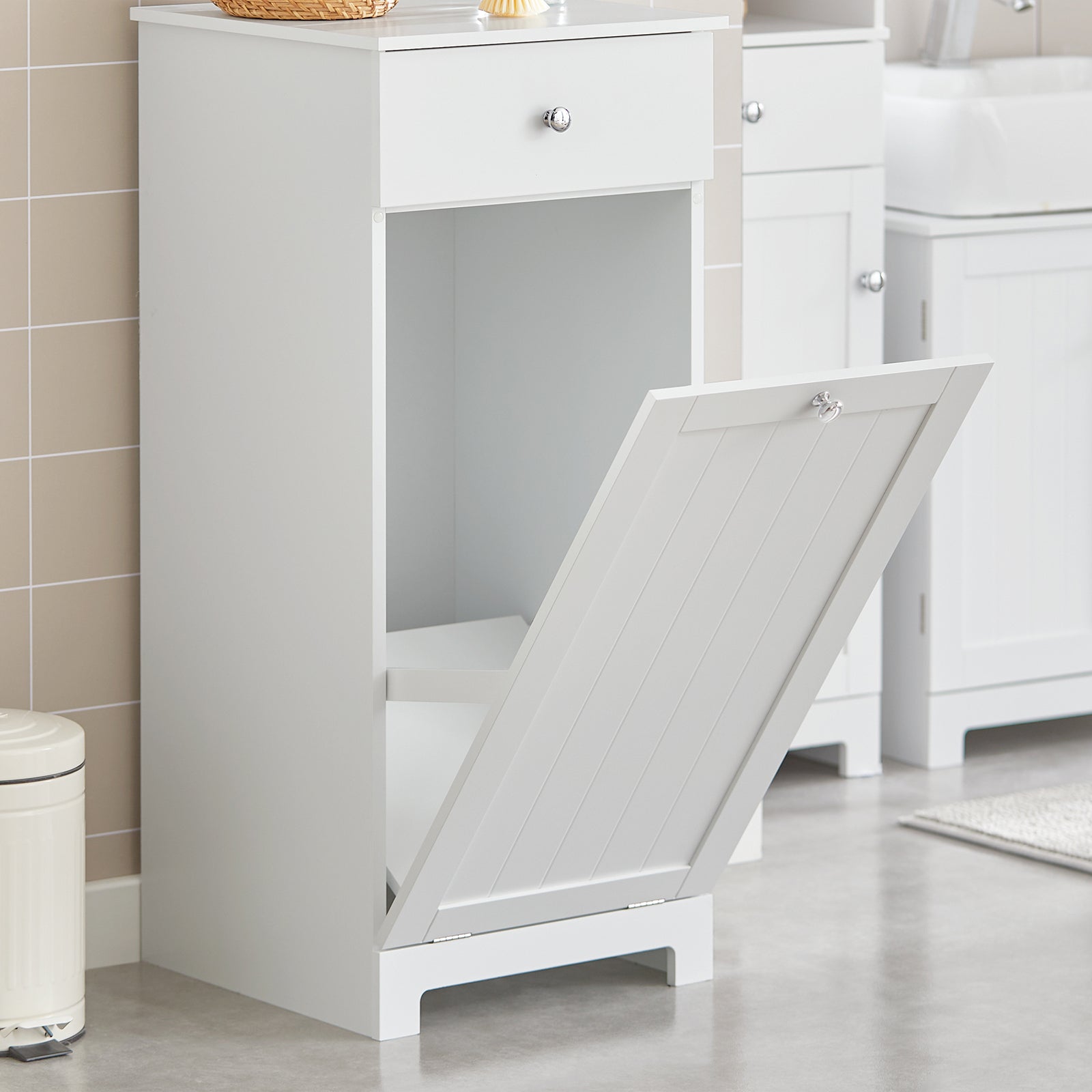 Mobile porta biancheria per bagno con cassetto e cesto biancheria sporca L40*P38*A90cm Bianco BZR21-W