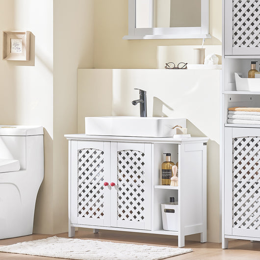 SoBuy Mobile Sottolavabo Bagno con 2 Ante e Ripiano Aperto – Mobiletto Bagno Sottolavabo in MDF E1, Ripiano Regolabile, Capacità 42kg – Mobili Salvaspazio 80x31,5x60,5cm BZR210-W