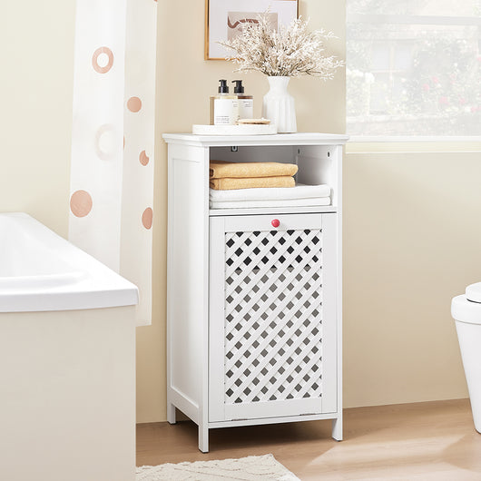 SoBuy Mobiletto Bagno Salvaspazio con Cesto Portabiancheria e Ripiano Aperto – Mobile Bagno in MDF E1 & Tessuto Non Tessuto, Capacità 30kg, Ante Intrecciate con Maniglie Rosse 45x41,5x87cm BZR211-W