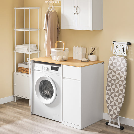 SoBuy Mobile per lavatrice – Armadio da bagno con cesto portabiancheria e cassetto, per lavatrice e asciugatrice, Mobiletto salvaspazio legno, Bianco,100×60×90 cm, BZR217-WN