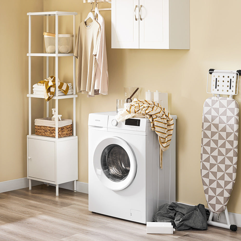 SoBuy Mobile per lavatrice – Armadio da bagno con cesto portabiancheria e cassetto, per lavatrice e asciugatrice, Mobiletto salvaspazio legno, Bianco,100×60×90 cm, BZR217-WN