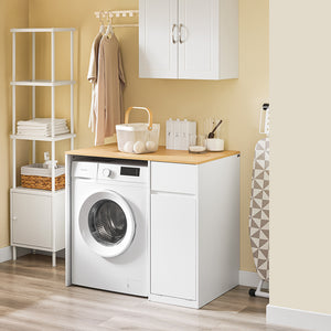 SoBuy Mobile per lavatrice – Armadio da bagno con cesto portabiancheria e cassetto, per lavatrice e asciugatrice, Mobiletto salvaspazio legno, Bianco,100×60×90 cm, BZR217-WN