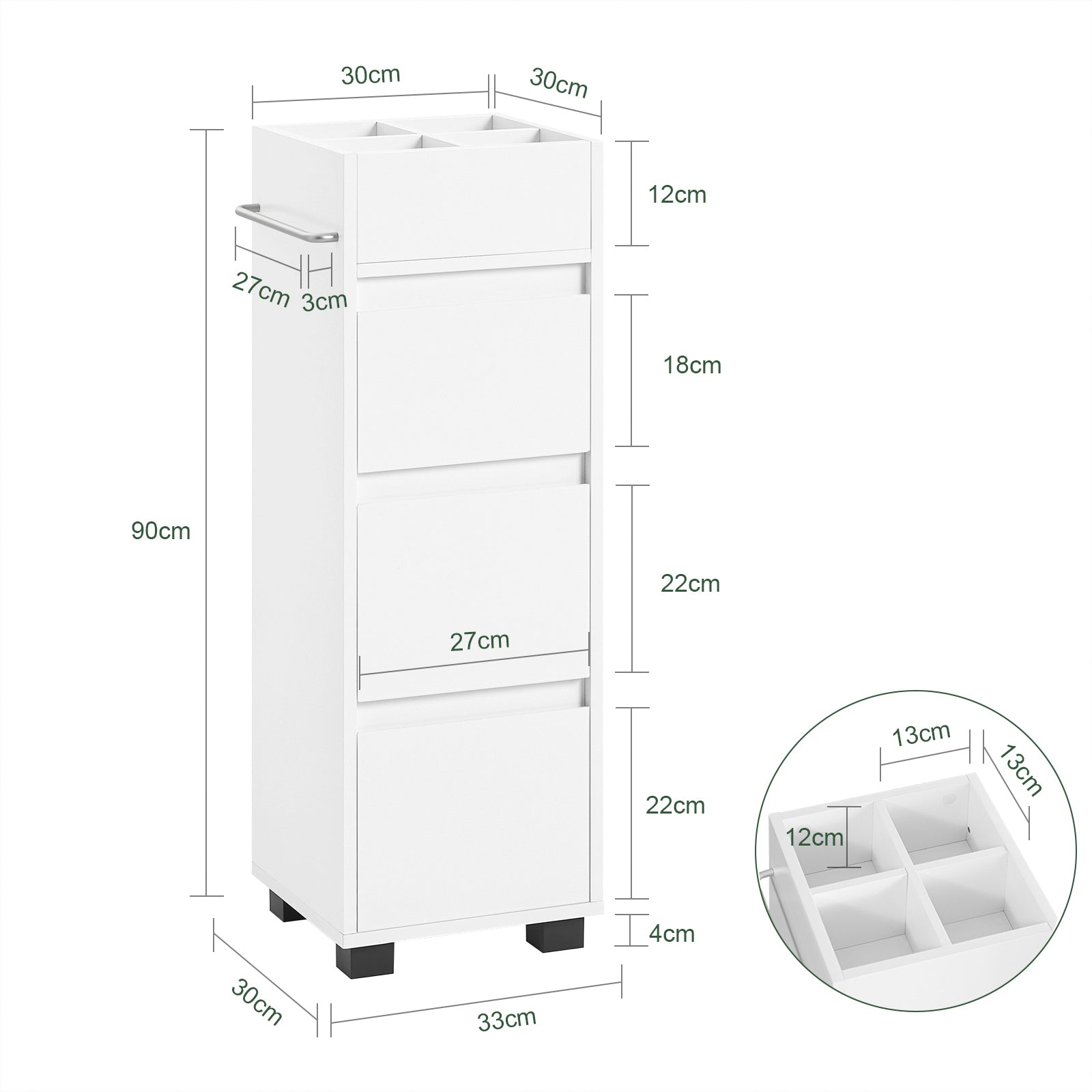 Mobiletto Bagno salvaspazio Cassettiera Bagno 3 cassetti e 4 Scomparti da organizzare L30*P30*A90 cm Bianco BZR29-W