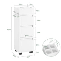 Mobiletto Bagno salvaspazio Cassettiera Bagno 3 cassetti e 4 Scomparti da organizzare L30*P30*A90 cm Bianco BZR29-W