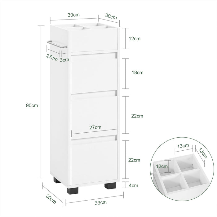 Mobiletto Bagno salvaspazio Cassettiera Bagno 3 cassetti e 4 Scomparti da organizzare L30*P30*A90 cm Bianco BZR29-W