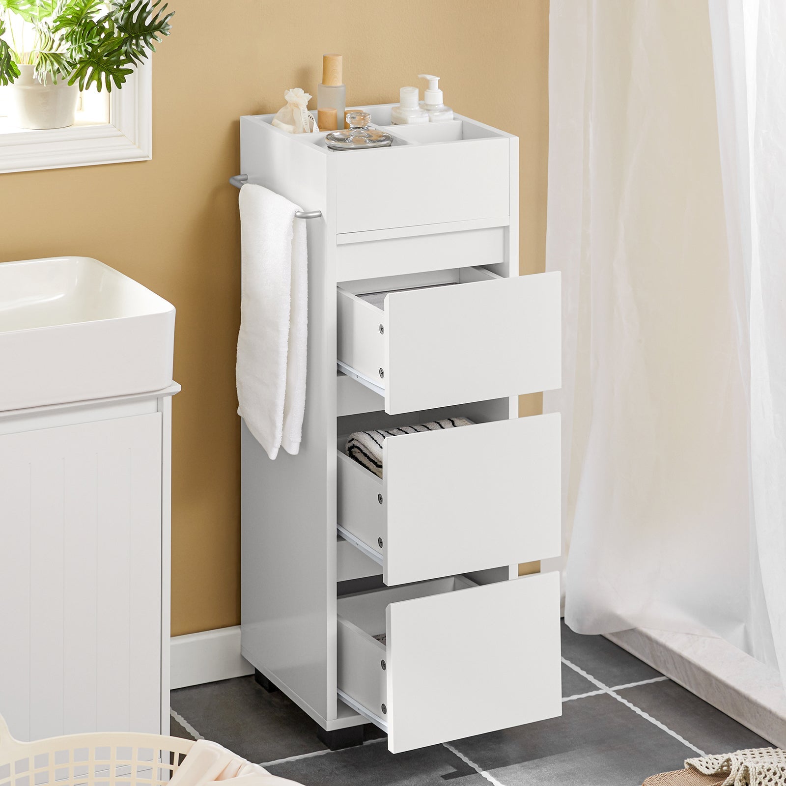 Mobiletto Bagno salvaspazio Cassettiera Bagno 3 cassetti e 4 Scomparti da organizzare L30*P30*A90 cm Bianco BZR29-W