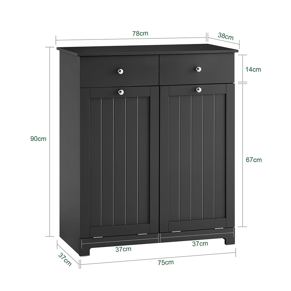 SoBuy BZR33-II-SCH Mobiletto bagno con portabiancheria - Mobile bagno salvaspazio con 2 cassetti e 2 sacchi estraibili - Mobiletto lavanderia per ingresso o cucina in MDF, Nero, 78x38x90cm