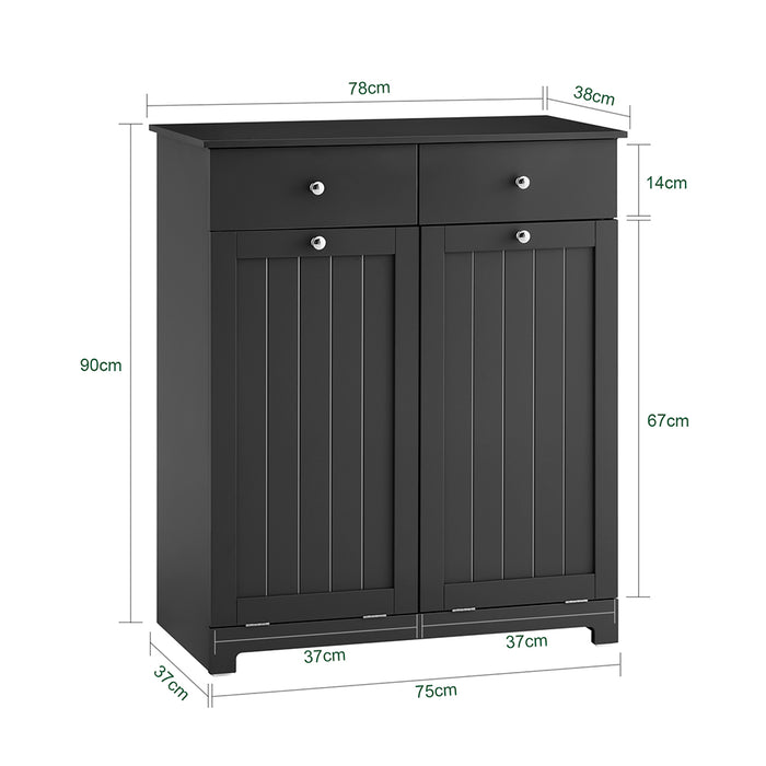 SoBuy BZR33-II-SCH Mobiletto bagno con portabiancheria - Mobile bagno salvaspazio con 2 cassetti e 2 sacchi estraibili - Mobiletto lavanderia per ingresso o cucina in MDF, Nero, 78x38x90cm