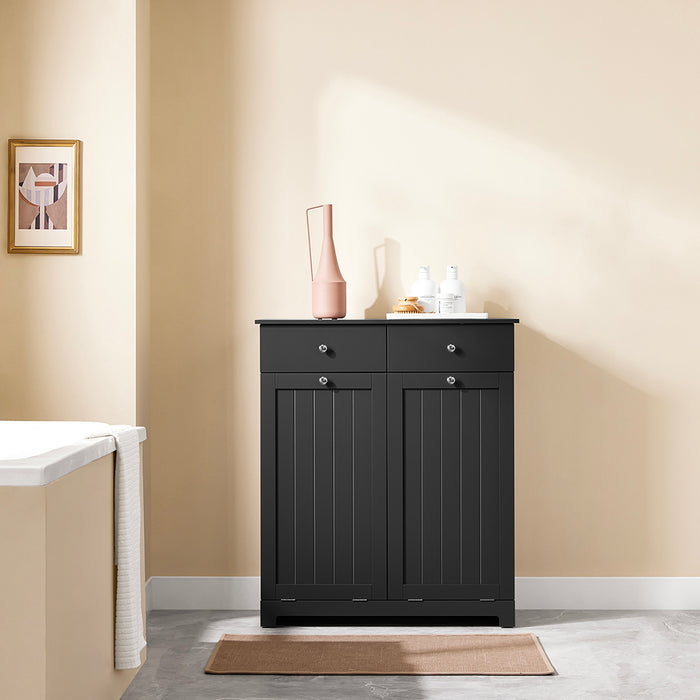 SoBuy BZR33-II-SCH Mobiletto bagno con portabiancheria - Mobile bagno salvaspazio con 2 cassetti e 2 sacchi estraibili - Mobiletto lavanderia per ingresso o cucina in MDF, Nero, 78x38x90cm
