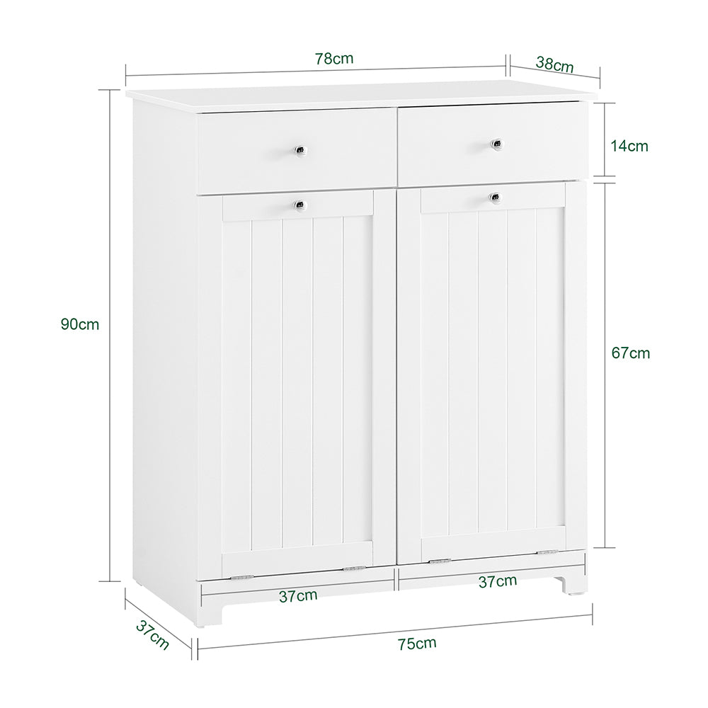 SoBuy Mobiletto bagno con portabiancheria - Mobile bagno salvaspazio con 2 cassetti e 2 sacchi estraibili - Mobiletto lavanderia per ingresso o cucina in Legna, Bianco, 78 x 38 x 90 cm, BZR33-II-W