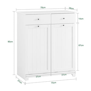 SoBuy Mobiletto bagno con portabiancheria - Mobile bagno salvaspazio con 2 cassetti e 2 sacchi estraibili - Mobiletto lavanderia per ingresso o cucina in Legna, Bianco, 78 x 38 x 90 cm, BZR33-II-W