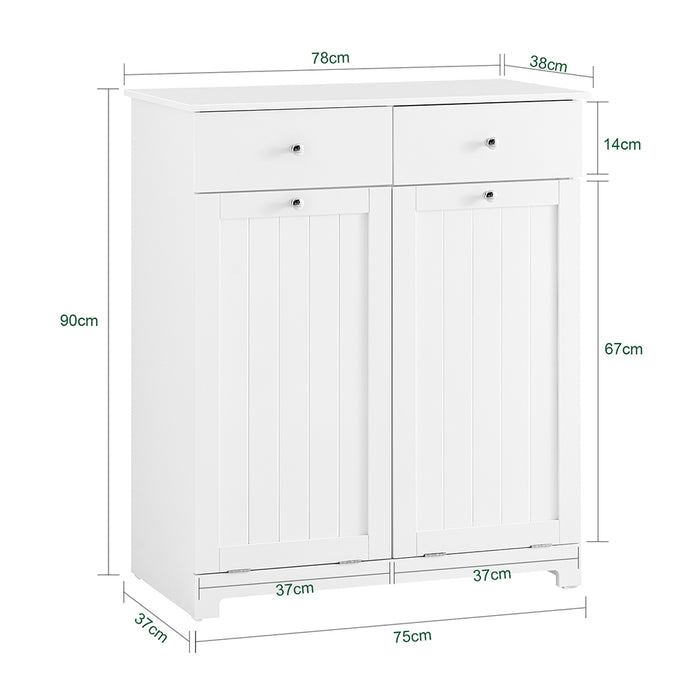 SoBuy Mobiletto bagno con portabiancheria - Mobile bagno salvaspazio con 2 cassetti e 2 sacchi estraibili - Mobiletto lavanderia per ingresso o cucina in Legna, Bianco, 78 x 38 x 90 cm, BZR33-II-W