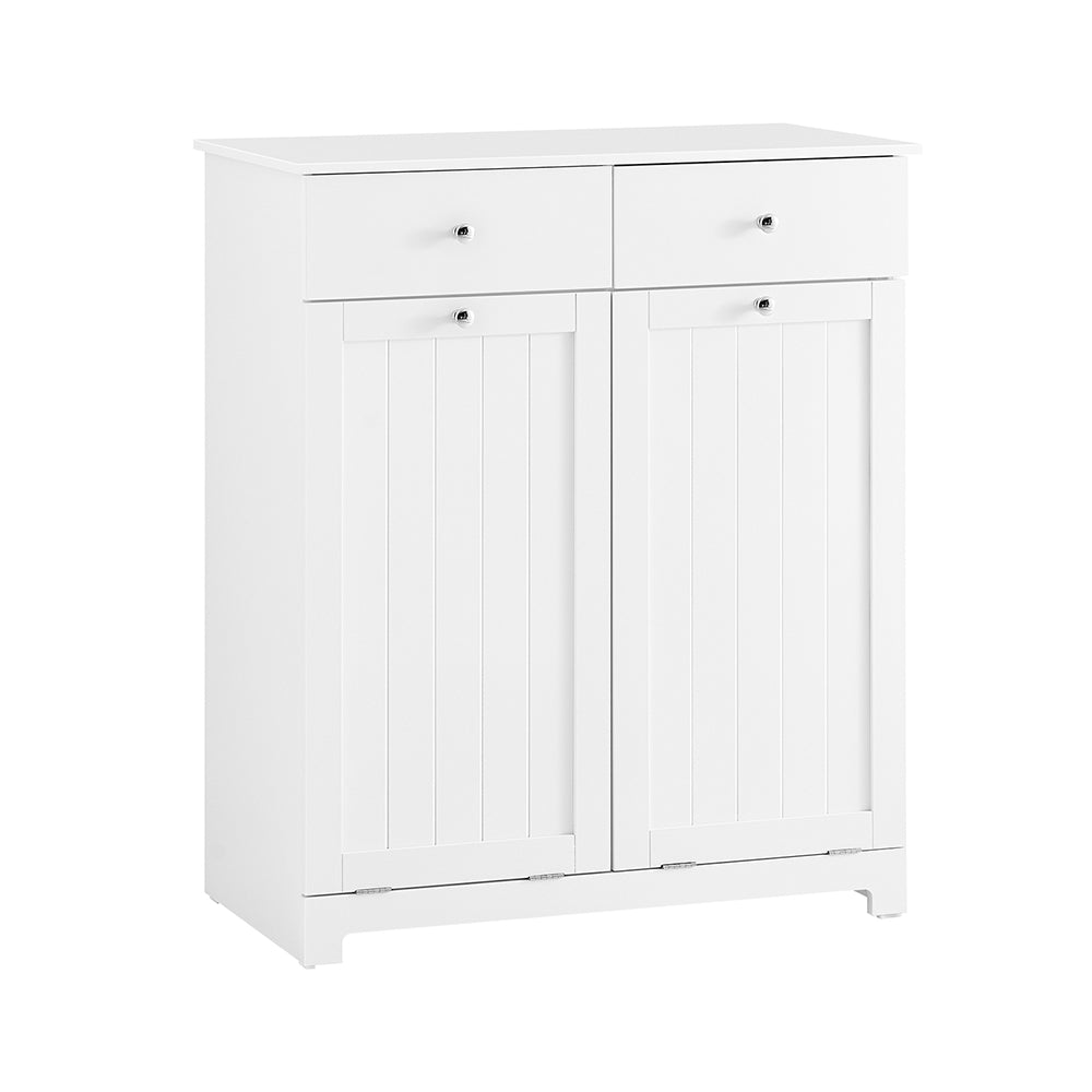 SoBuy Mobiletto bagno con portabiancheria - Mobile bagno salvaspazio con 2 cassetti e 2 sacchi estraibili - Mobiletto lavanderia per ingresso o cucina in Legna, Bianco, 78 x 38 x 90 cm, BZR33-II-W