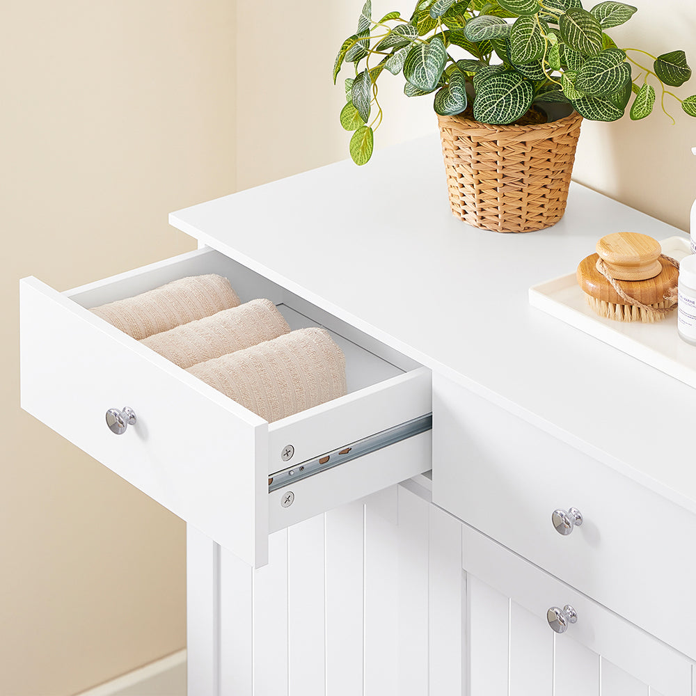 SoBuy Mobiletto bagno con portabiancheria - Mobile bagno salvaspazio con 2 cassetti e 2 sacchi estraibili - Mobiletto lavanderia per ingresso o cucina in Legna, Bianco, 78 x 38 x 90 cm, BZR33-II-W