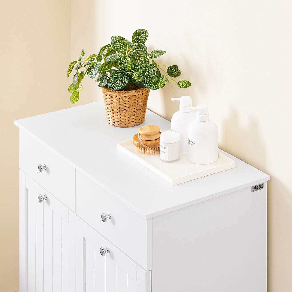 SoBuy Mobiletto bagno con portabiancheria - Mobile bagno salvaspazio con 2 cassetti e 2 sacchi estraibili - Mobiletto lavanderia per ingresso o cucina in Legna, Bianco, 78 x 38 x 90 cm, BZR33-II-W