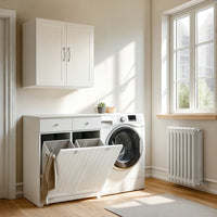 SoBuy Mobiletto bagno con portabiancheria - Mobile bagno salvaspazio con 2 cassetti e 2 sacchi estraibili - Mobiletto lavanderia per ingresso o cucina in Legna, Bianco, 78 x 38 x 90 cm, BZR33-II-W