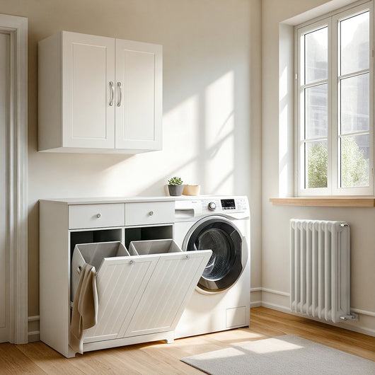 SoBuy Mobiletto bagno con portabiancheria - Mobile bagno salvaspazio con 2 cassetti e 2 sacchi estraibili - Mobiletto lavanderia per ingresso o cucina in Legna, Bianco, 78 x 38 x 90 cm, BZR33-II-W