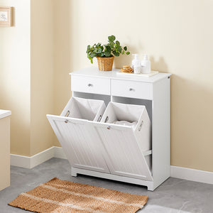 SoBuy Mobiletto bagno con portabiancheria - Mobile bagno salvaspazio con 2 cassetti e 2 sacchi estraibili - Mobiletto lavanderia per ingresso o cucina in Legna, Bianco, 78 x 38 x 90 cm, BZR33-II-W