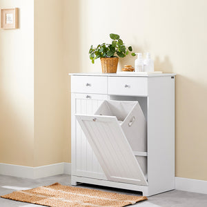 SoBuy Mobiletto bagno con portabiancheria - Mobile bagno salvaspazio con 2 cassetti e 2 sacchi estraibili - Mobiletto lavanderia per ingresso o cucina in Legna, Bianco, 78 x 38 x 90 cm, BZR33-II-W