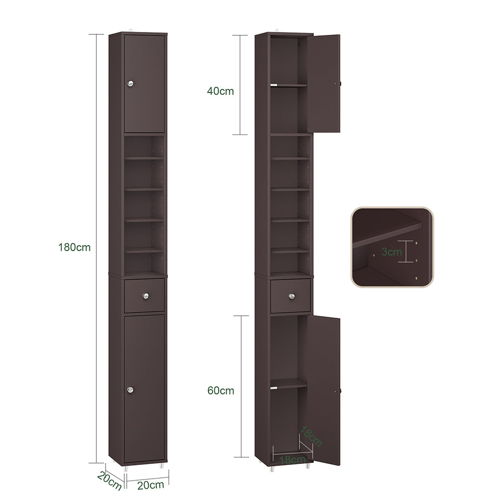 SoBuy BZR34-II-BR Colonna Bagno Stretta - Mobile Bagno Idrorepellente, Alto con Ripiani Regolabili e Cassetto - Armadietto Salvaspazio, MDF, Marrone scuro, 20x180x20cm