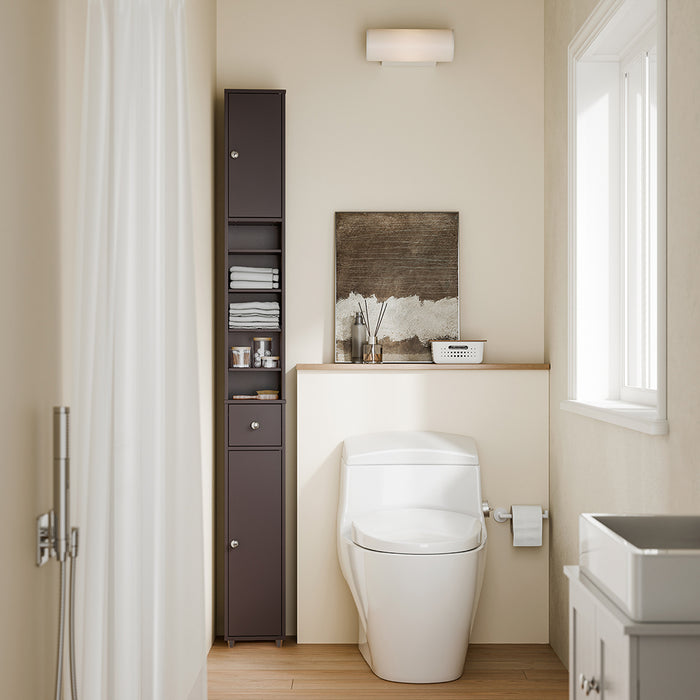 SoBuy BZR34-II-BR Colonna Bagno Stretta - Mobile Bagno Idrorepellente, Alto con Ripiani Regolabili e Cassetto - Armadietto Salvaspazio, MDF, Marrone scuro, 20x180x20cm