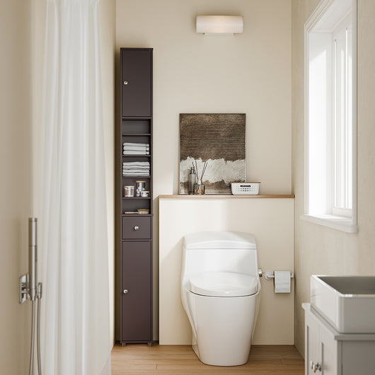 SoBuy BZR34-II-BR Colonna Bagno Stretta - Mobile Bagno Idrorepellente, Alto con Ripiani Regolabili e Cassetto - Armadietto Salvaspazio, MDF, Marrone scuro, 20x180x20cm