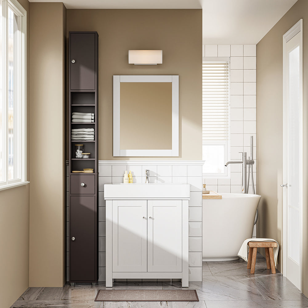 SoBuy BZR34-II-BR Colonna Bagno Stretta - Mobile Bagno Idrorepellente, Alto con Ripiani Regolabili e Cassetto - Armadietto Salvaspazio, MDF, Marrone scuro, 20x180x20cm