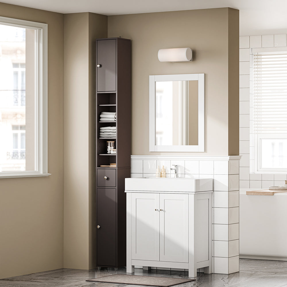 SoBuy BZR34-II-BR Colonna Bagno Stretta - Mobile Bagno Idrorepellente, Alto con Ripiani Regolabili e Cassetto - Armadietto Salvaspazio, MDF, Marrone scuro, 20x180x20cm