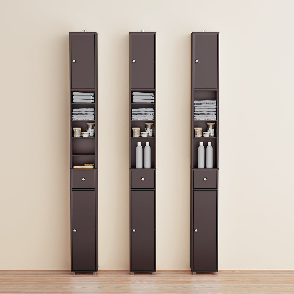 SoBuy BZR34-II-BR Colonna Bagno Stretta - Mobile Bagno Idrorepellente, Alto con Ripiani Regolabili e Cassetto - Armadietto Salvaspazio, MDF, Marrone scuro, 20x180x20cm