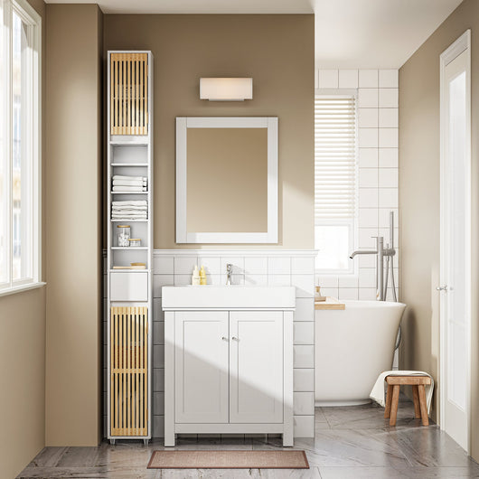 SoBuy BZR34-BW Mobile Bagno Salvaspazio Colonna Armadietto Alto con 6 Ripiani Regolabili, Mobiletto da Bagno con Ante in Bambù, Mobiletto Stretto per Piccoli Spazi, Bianco, 20x20x180cm